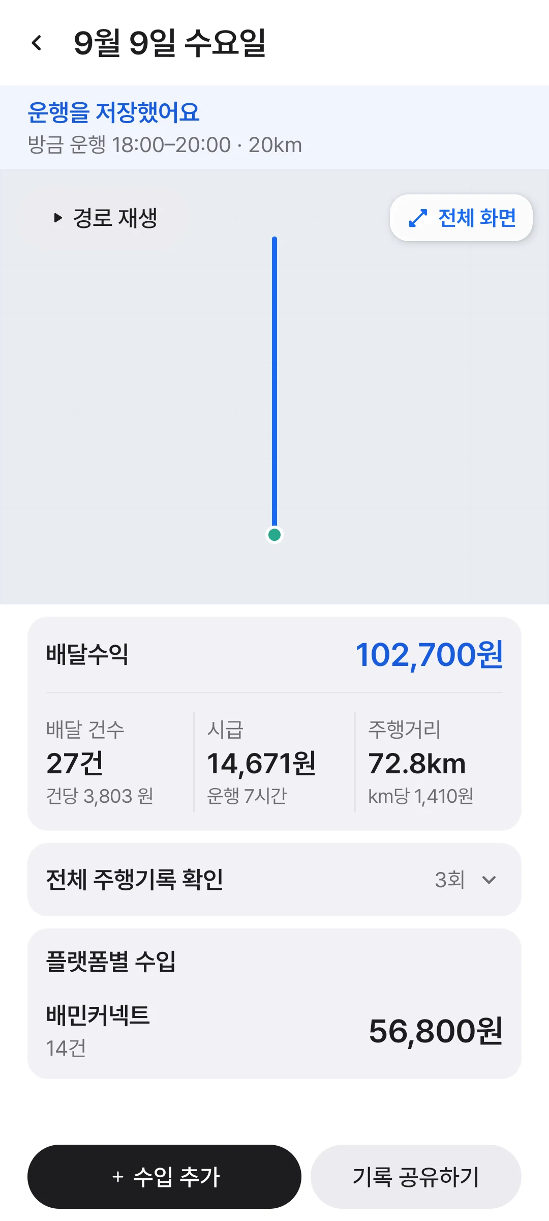 배달 기록 상세 화면: 주행 경로, 배달 수익, 건수, 시급과 주행거리