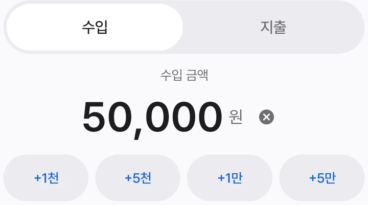 수입 선택과 5만원 입력 예시